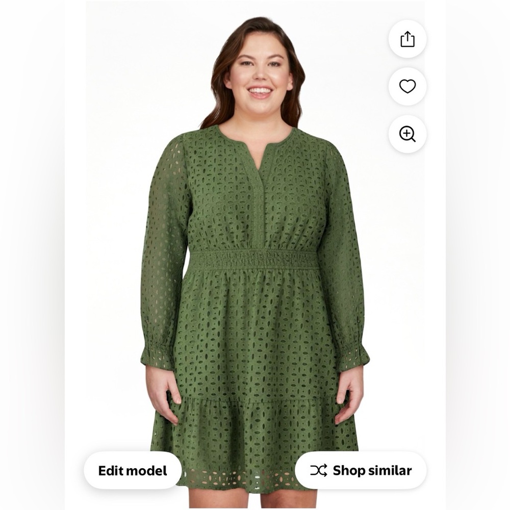 Olive Eyelet Long Sleeve V-Neck Midi Dress
